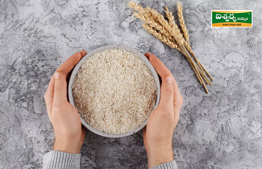 Bowl of Rice with Wheat Stalks on a Gray Surface
