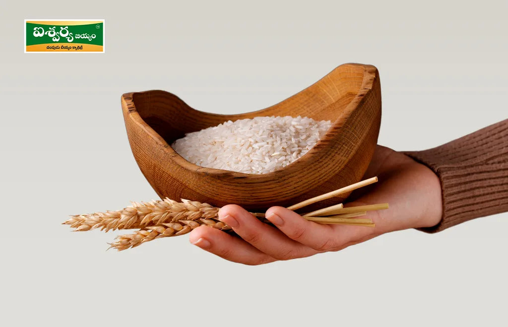 Hand-pounded Rice in a Wooden Bowl with Wheat Stalks