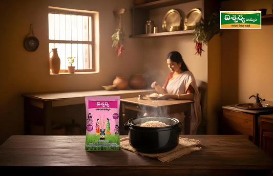 A Balintha Rice Bag is placed on a Table beside a Pot of Cooked Rice