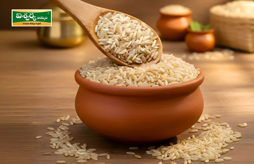 Aishwarya Rice in Wooden Spoon Over Clay Pot